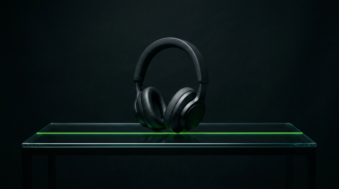 Black headphones alone on a glass shelf with a thin green line of light