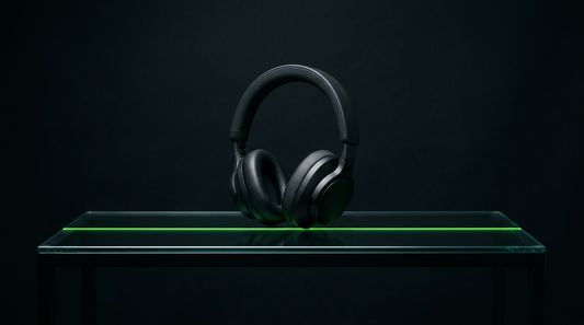 Black headphones alone on a glass shelf with a thin green line of light