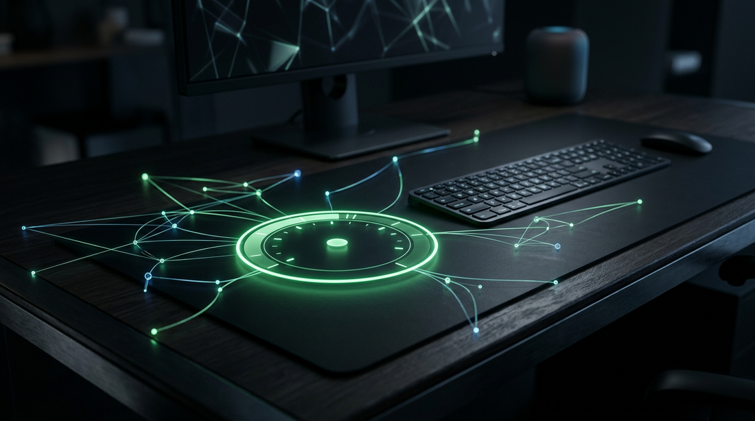 Abstract dark workspace with glowing green connection nodes and price dial motif, clean tech ecommerce aesthetic