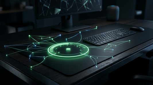 Abstract dark workspace with glowing green connection nodes and price dial motif, clean tech ecommerce aesthetic