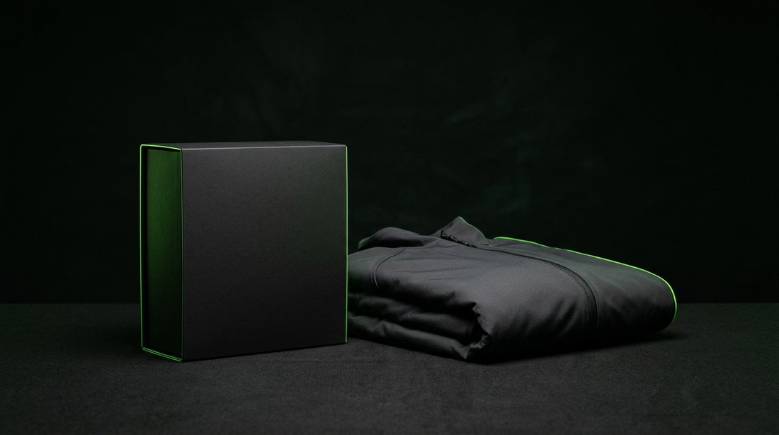 Premium product box and jacket under a green rim light, staged full price with no sale signs