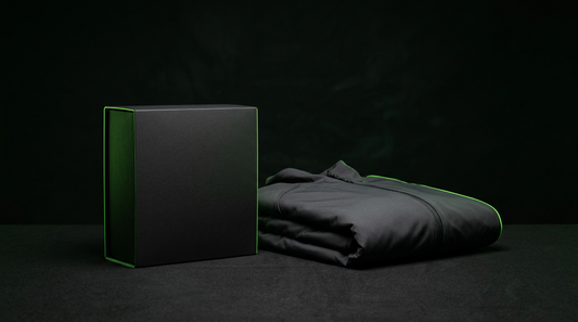 Premium product box and jacket under a green rim light, staged full price with no sale signs