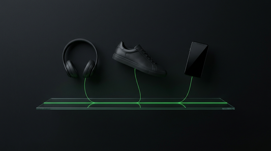 Headphones, a sneaker, and a phone connected by green light to a glass shelf
