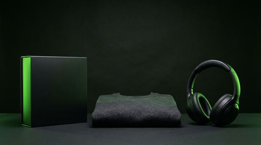 Premium box, folded apparel, and headphones under a green rim light, not a sale rack