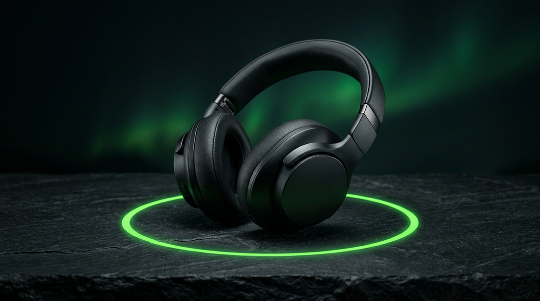 Black over-ear headphones on a dark surface, inside a glowing green price dial
