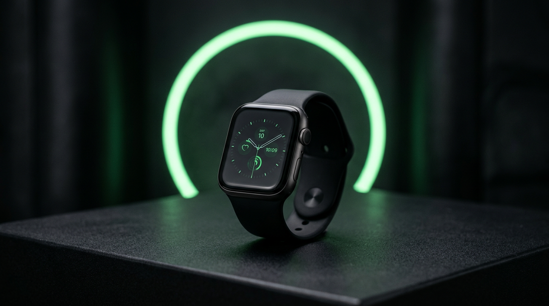 Premium smartwatch on dark surface with glowing green price dial motif, clean ecommerce aesthetic