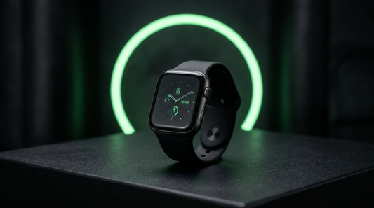 Premium smartwatch on dark surface with glowing green price dial motif, clean ecommerce aesthetic