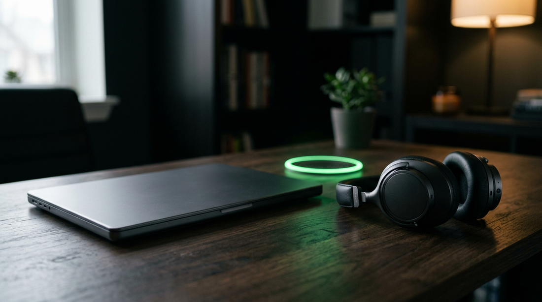 Premium laptop and headphones on dark desk with glowing green price dial motif, clean ecommerce aesthetic