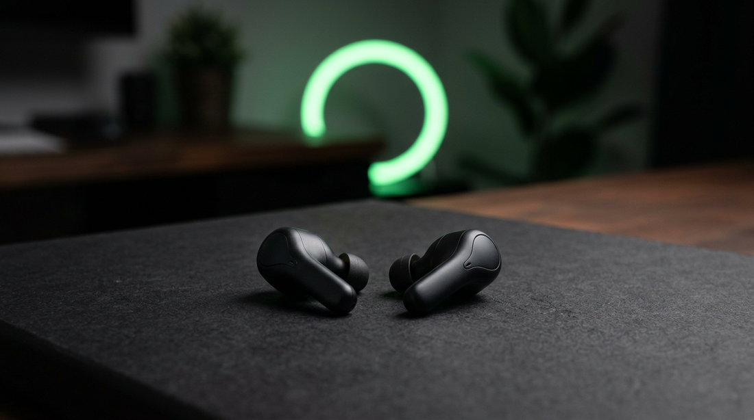 Premium wireless earbuds on a dark surface beside a glowing green circular price dial, clean ecommerce aesthetic