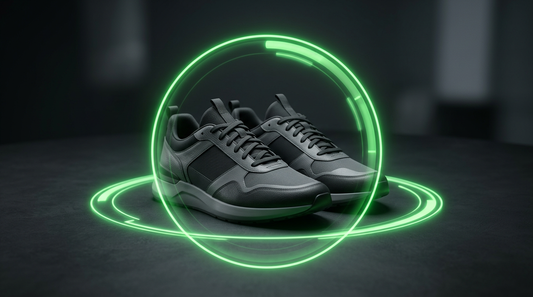 Premium sneakers on dark surface inside glowing green price dial motif, clean ecommerce aesthetic