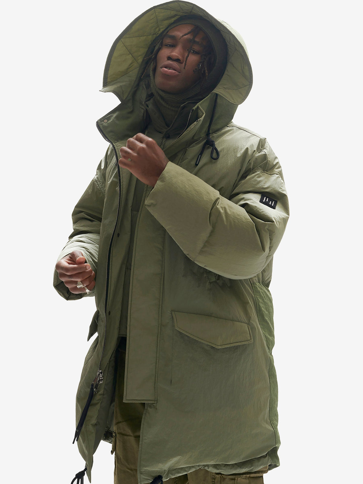 Holden Outerwear Lange Daunen-Pufferjacke in Steingrün