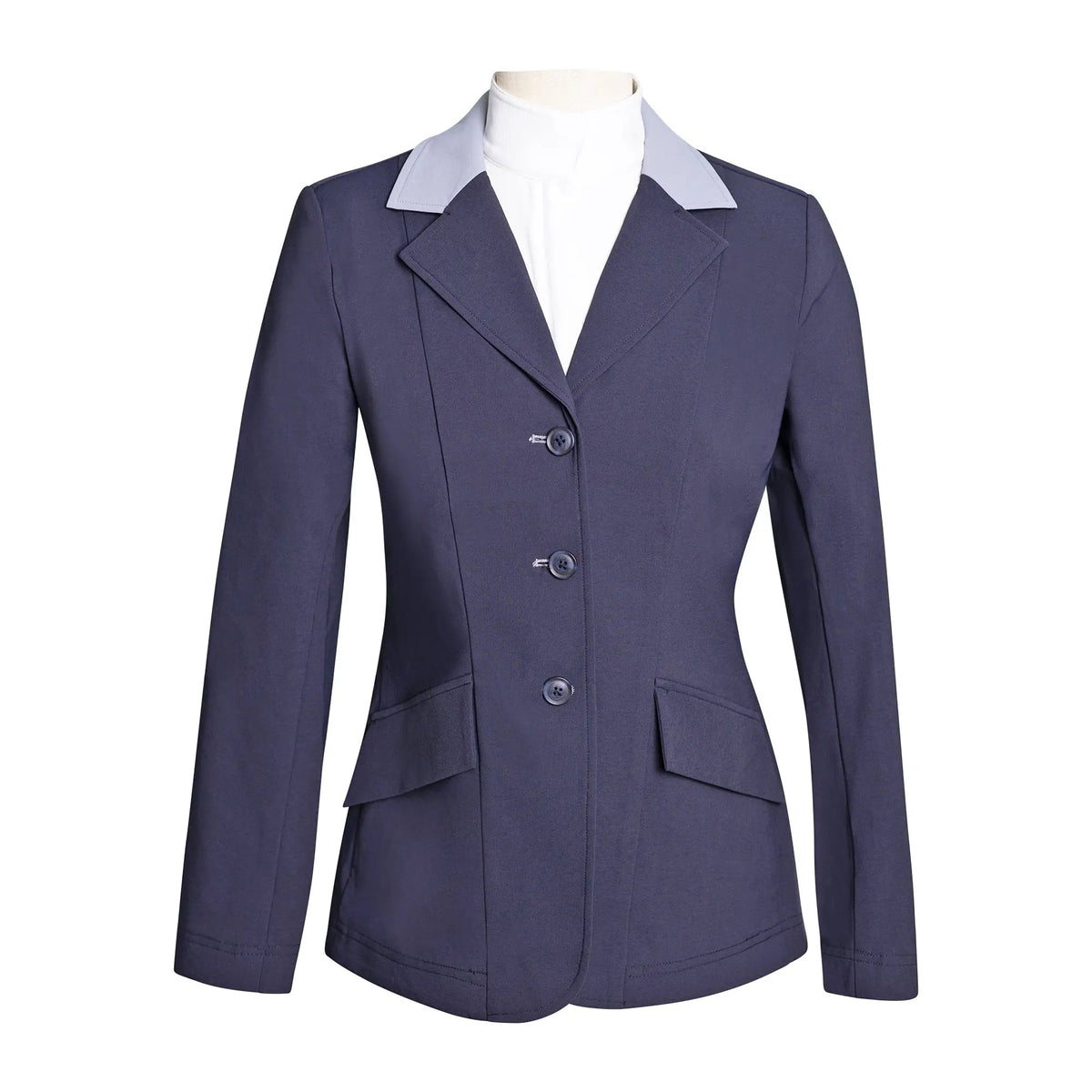 Grand Prix Ladies EQJ 3 Button Show Coat, Navy with Cadet Blue Collar