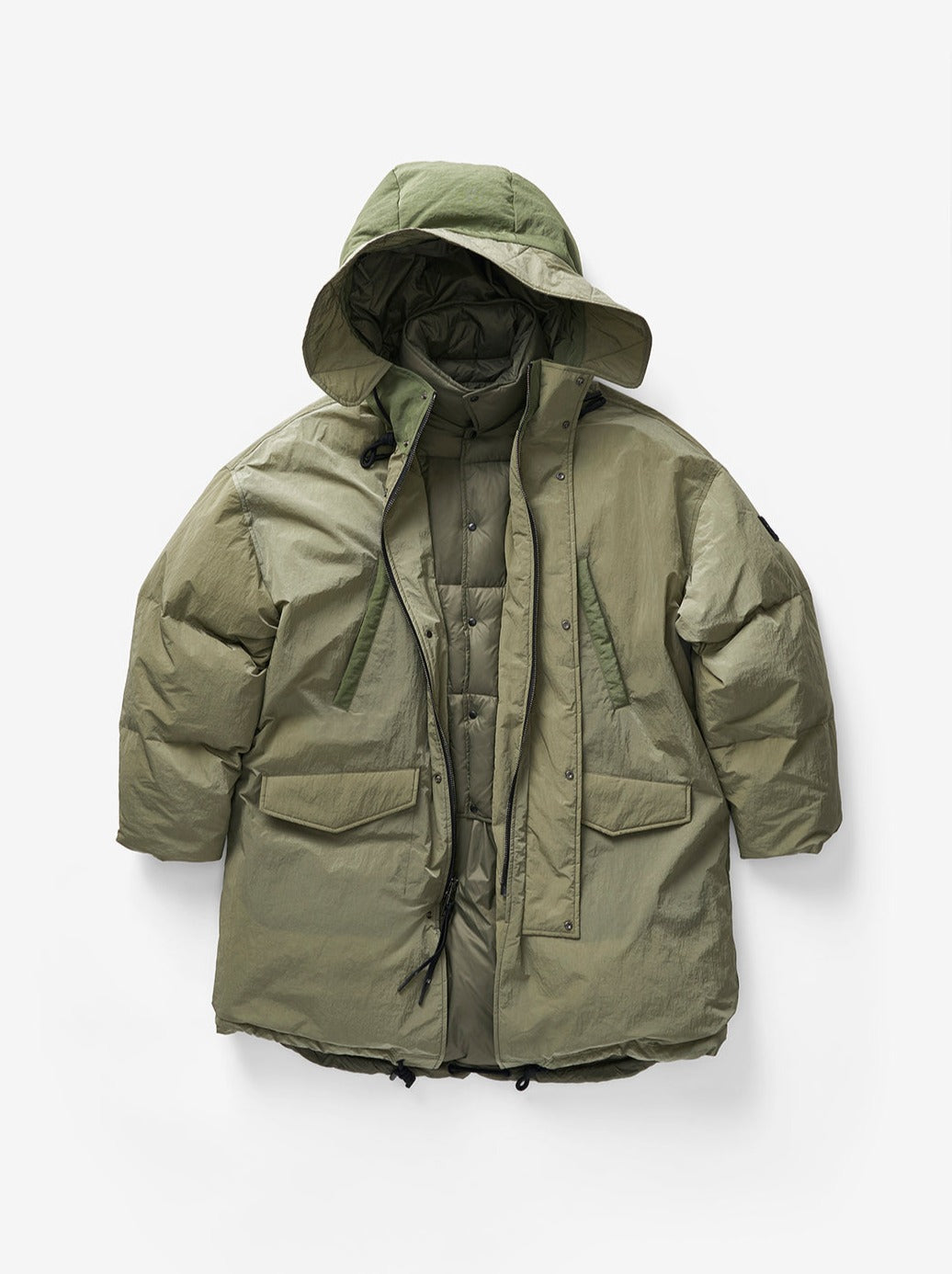 Holden Outerwear Lange Daunen-Pufferjacke in Steingrün