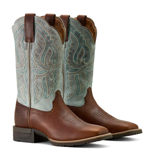 Jeffers - Ariat Womens Hybrid Ranchwork Wide Square Toe Leather Western Work Boot - Peanut/Worn Denim with Brown - 6.5