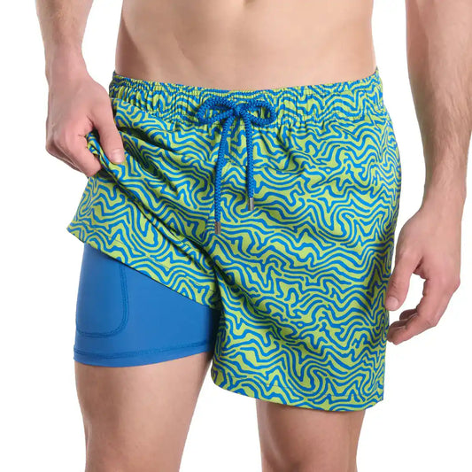 Deco Maze, Key Lime Hybrid Short, Compression Lined Swim and Resort Trunk