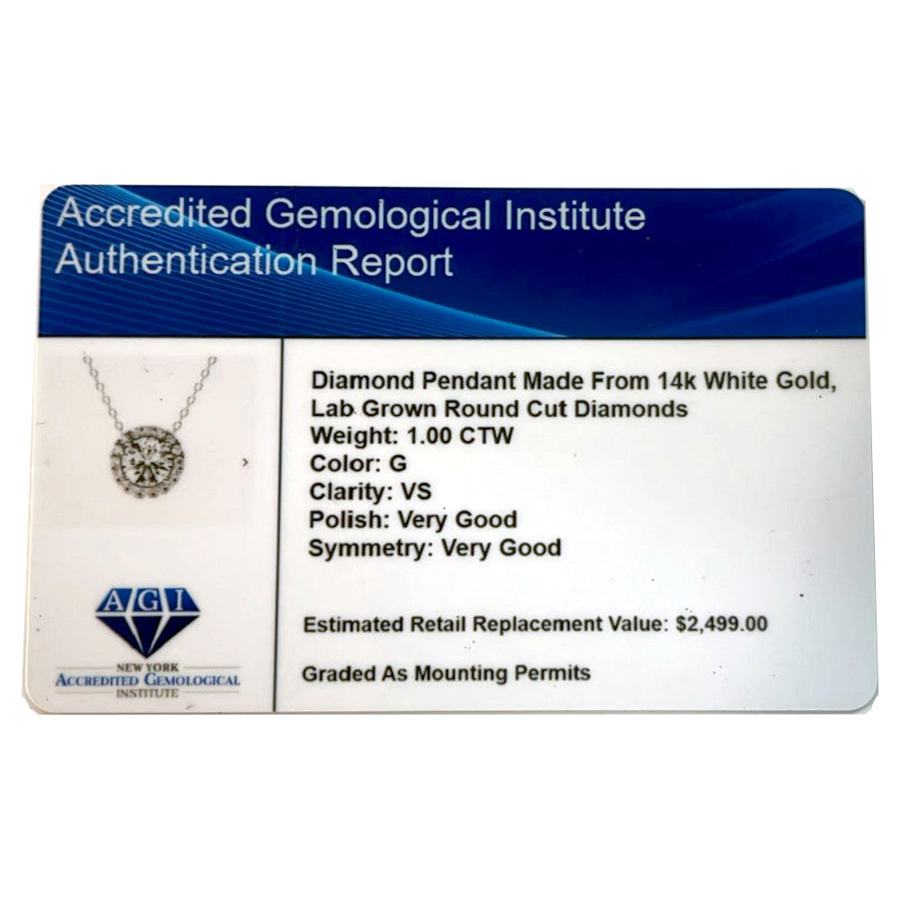 VossAgin - AGI Certified Lab-Grown Diamond Halo Pendant Necklace in 14kt White Gold – 1 CTW or 2 CTW - 1 CTW
