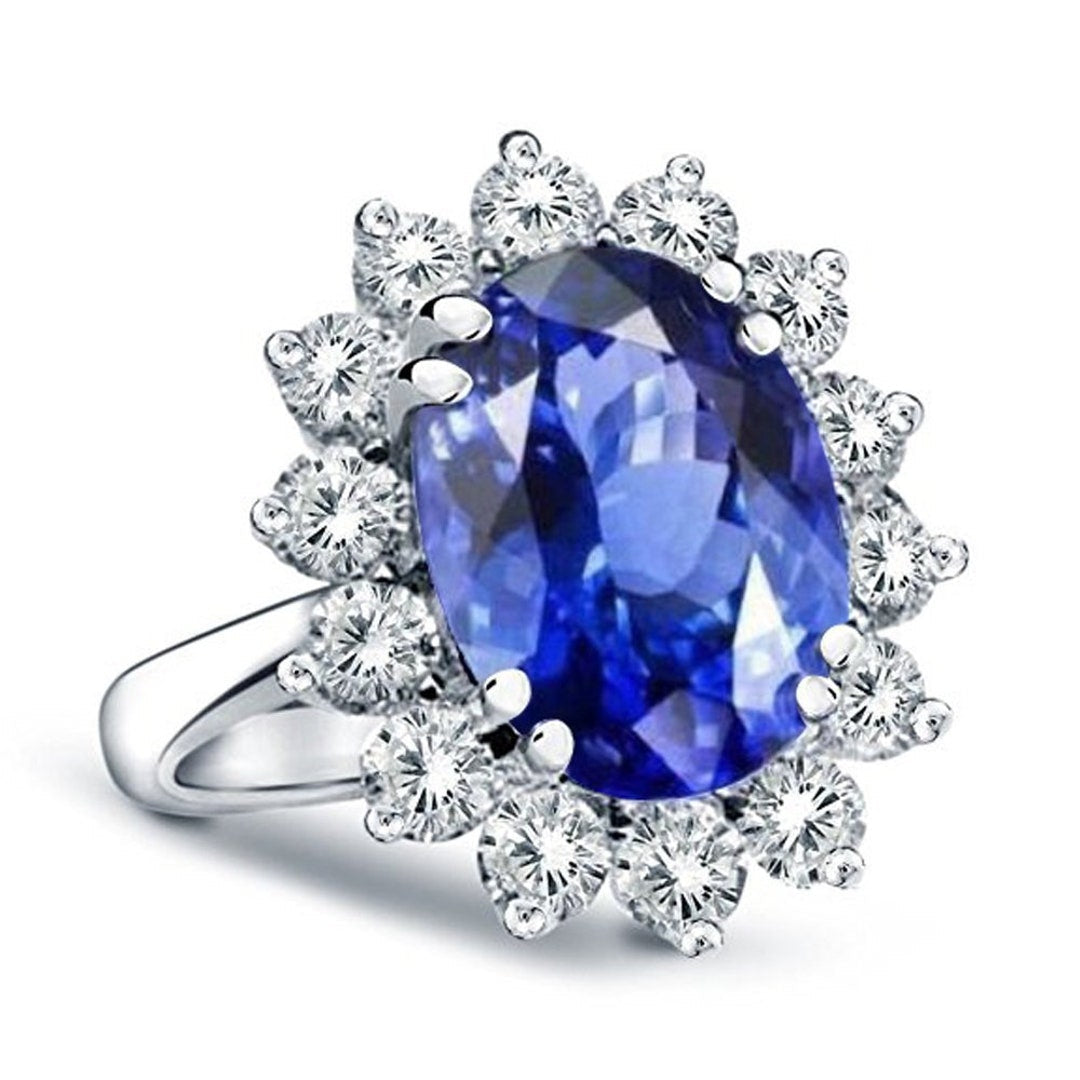 VossAgin - Princess Diana Inspired 3.00CTW AGI Certified G/VS Lab-Grown Sapphire and Diamond Halo Ring in 14K White Gold - 8.5