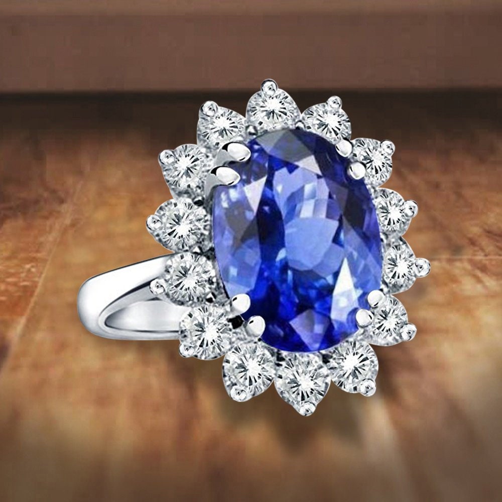 VossAgin - Princess Diana Inspired 3.00CTW AGI Certified G/VS Lab-Grown Sapphire and Diamond Halo Ring in 14K White Gold - 8.5