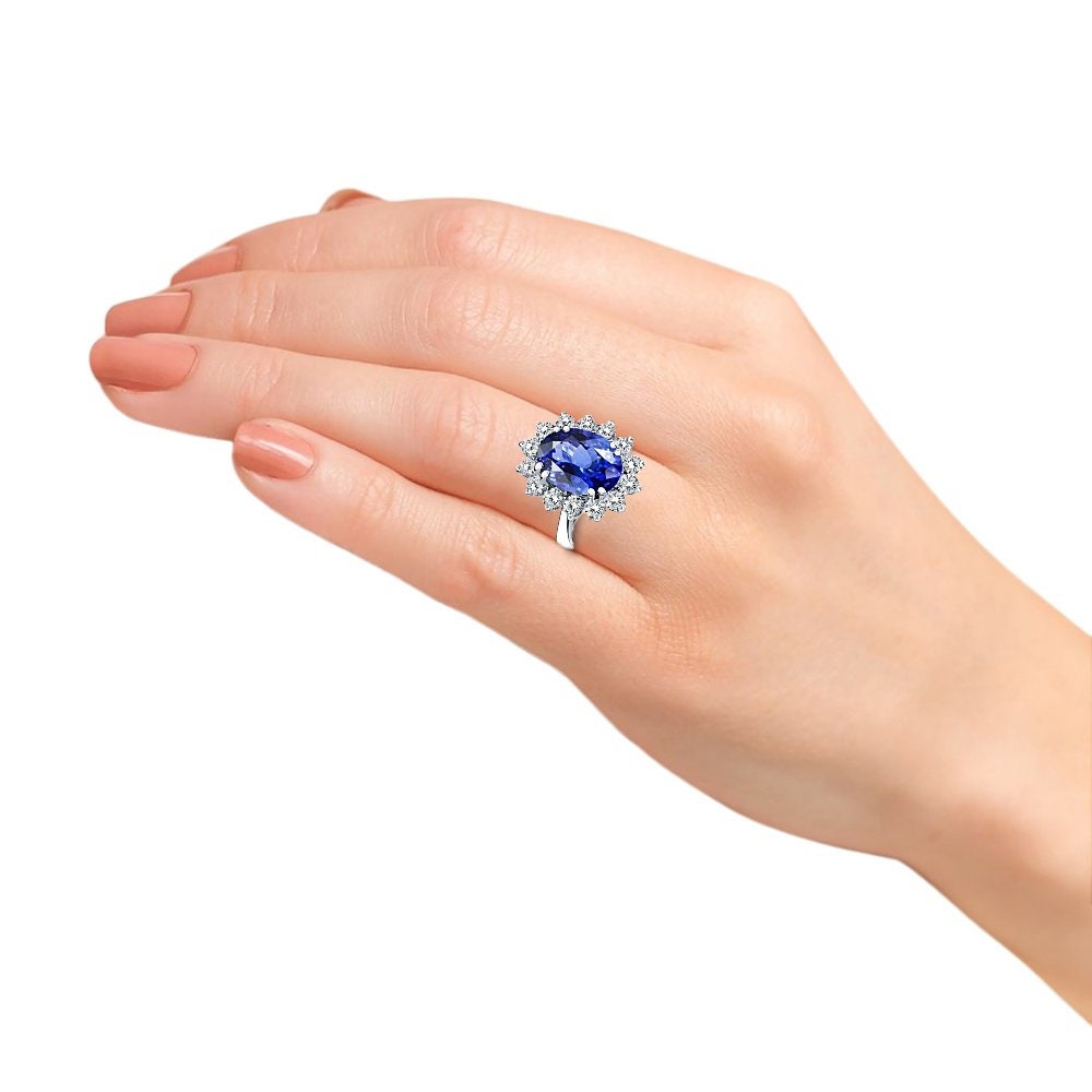 VossAgin - Princess Diana Inspired 3.00CTW AGI Certified G/VS Lab-Grown Sapphire and Diamond Halo Ring in 14K White Gold - 8.5