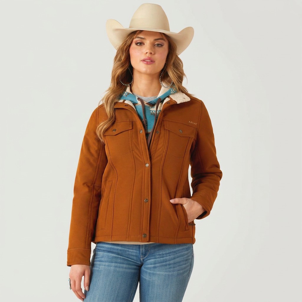 Ariat Womens Berber Back Softshell Jacket – Sherpa-Lined Trucker-Style Warm Layer — Chestnut Horse / Small / Each — view 1