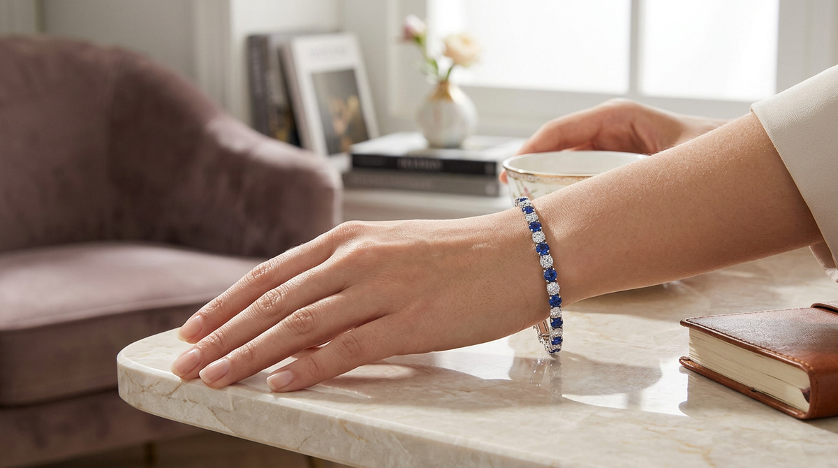 7.50 CTW AGI Certified Lab Created Blue Sapphire & Diamond Tennis Bracelet in 14K White Gold Overlay — view 2