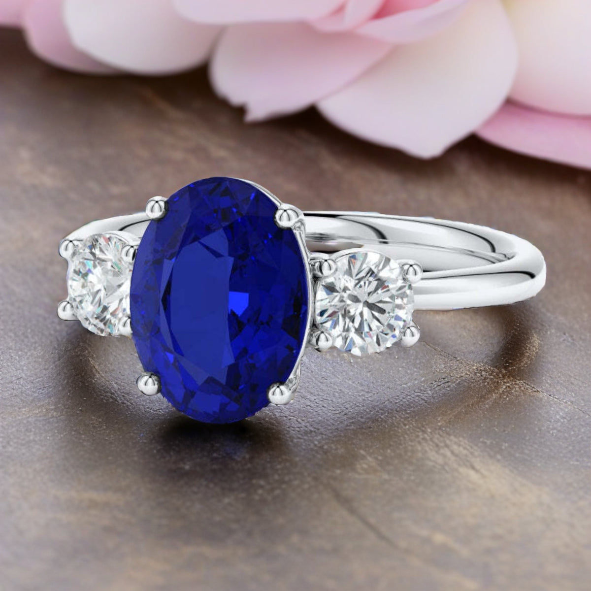 VossAgin - 2.50 CTW Oval Lab-Grown Blue Sapphire Diamond Three-Stone Engagement Ring AGI Certified 8×6mm 14K White Gold - 8.5