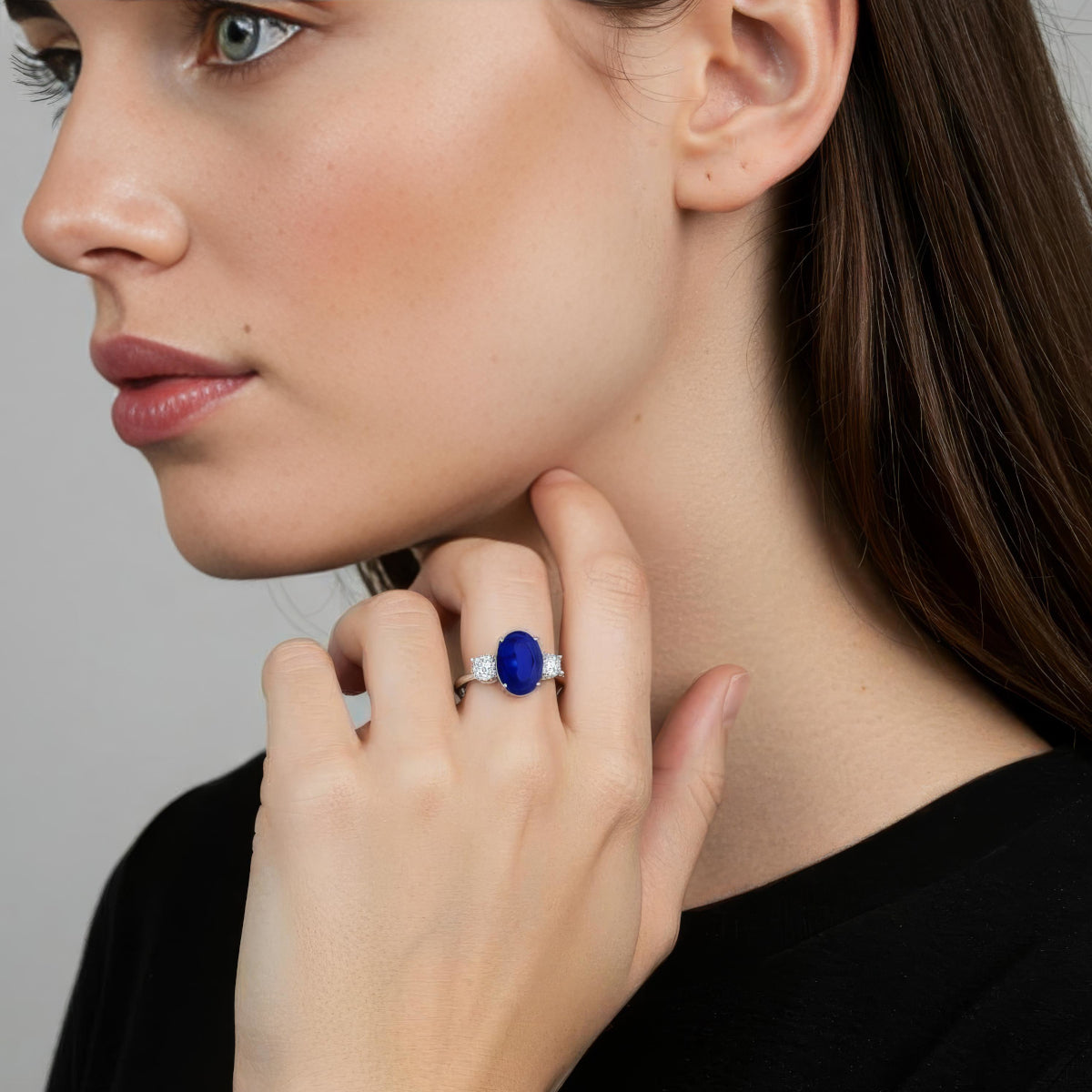VossAgin - 2.50 CTW Oval Lab-Grown Blue Sapphire Diamond Three-Stone Engagement Ring AGI Certified 8×6mm 14K White Gold - 8.5