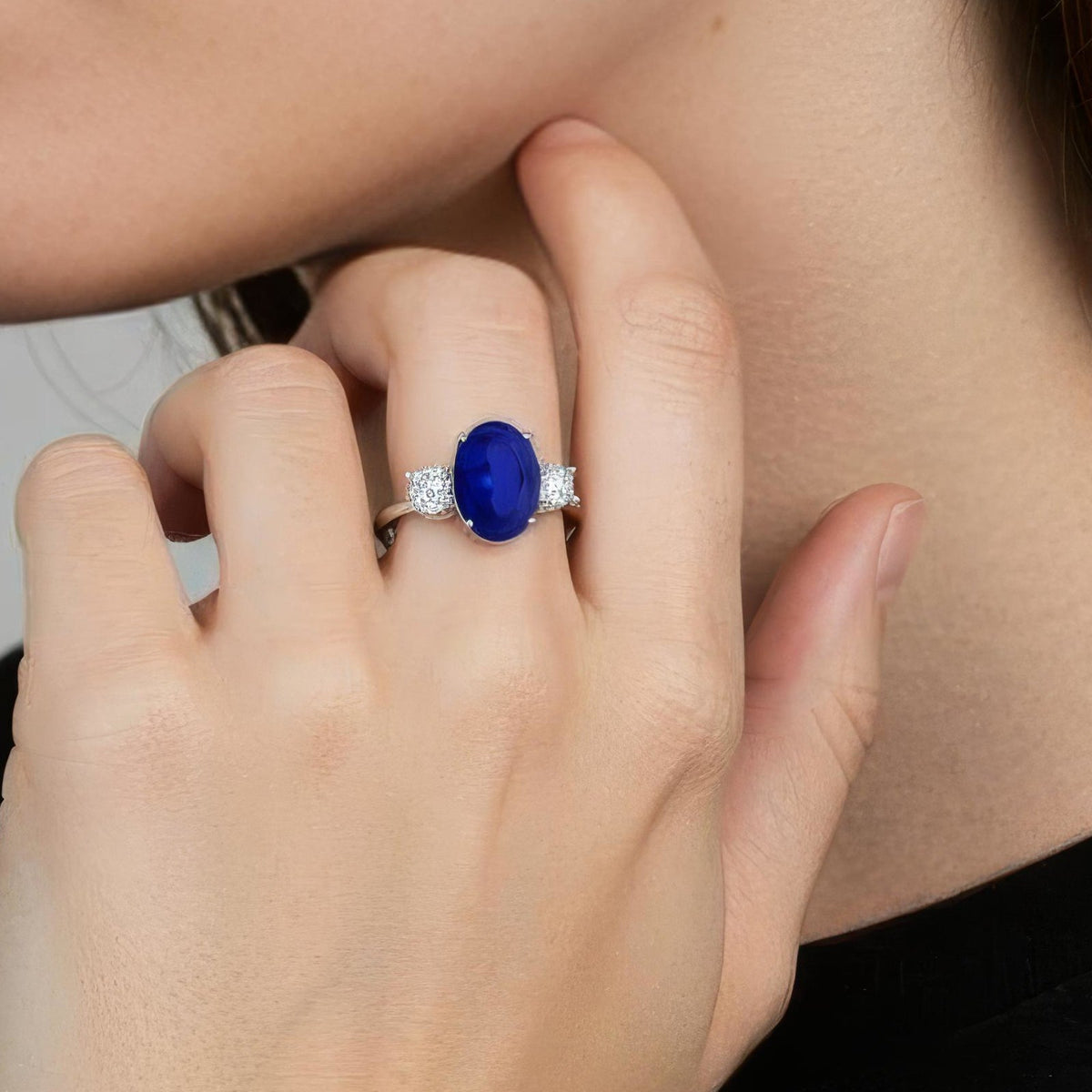 VossAgin - 2.50 CTW Oval Lab-Grown Blue Sapphire Diamond Three-Stone Engagement Ring AGI Certified 8×6mm 14K White Gold - 8.5