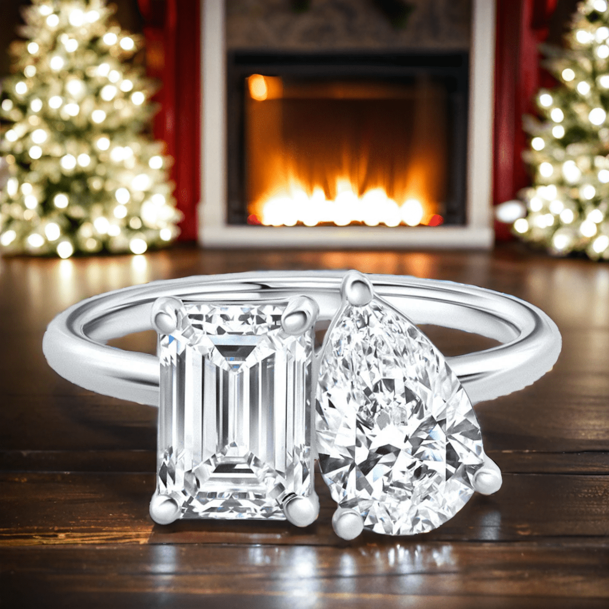 VossAgin - AGI Certified 3.50 CTW Toi Et Moi Lab Grown Diamond Ring in Pear & Emerald Cut 14K White Gold - 8.5