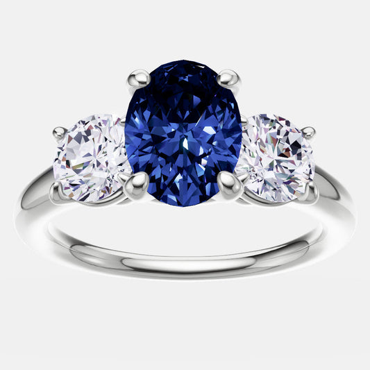 VossAgin - 2.00 CTW Lab Created Oval Blue Sapphire & Diamond 3-Stone Engagement Ring in 14kt Gold - 8.5