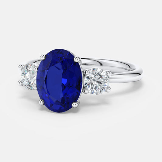 VossAgin - 2.50 CTW Oval Lab-Grown Blue Sapphire Diamond Three-Stone Engagement Ring AGI Certified 8×6mm 14K White Gold - 8.5